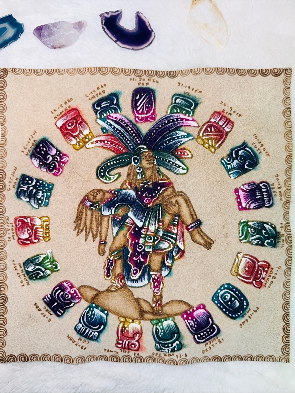 SoulMakes Aztec Ritual Cloth with Calendar Motif On Leather + 5 Crystals π - Picture 2 of 3
